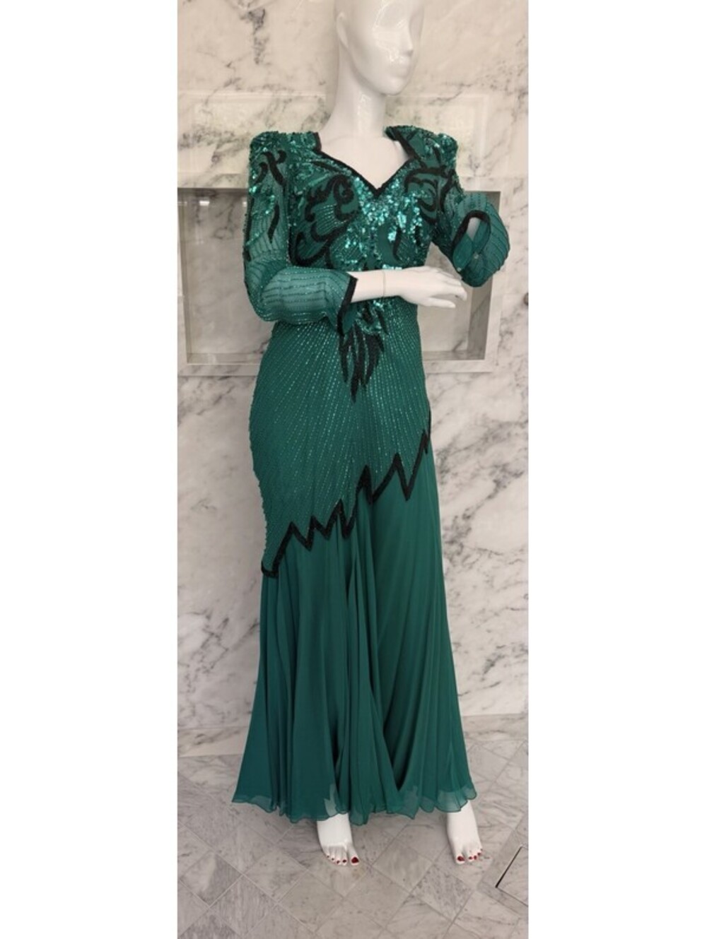 Vintage Alyce Designs Silk Beaded Sequin Evening Gown Teal Green Size 6 Prom
